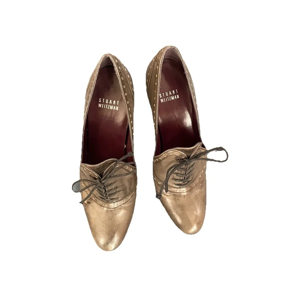Stuart Weitzman Tailored Oxford Pumps Lace-Up Heels Size 7M Fog Brushed Calf‎